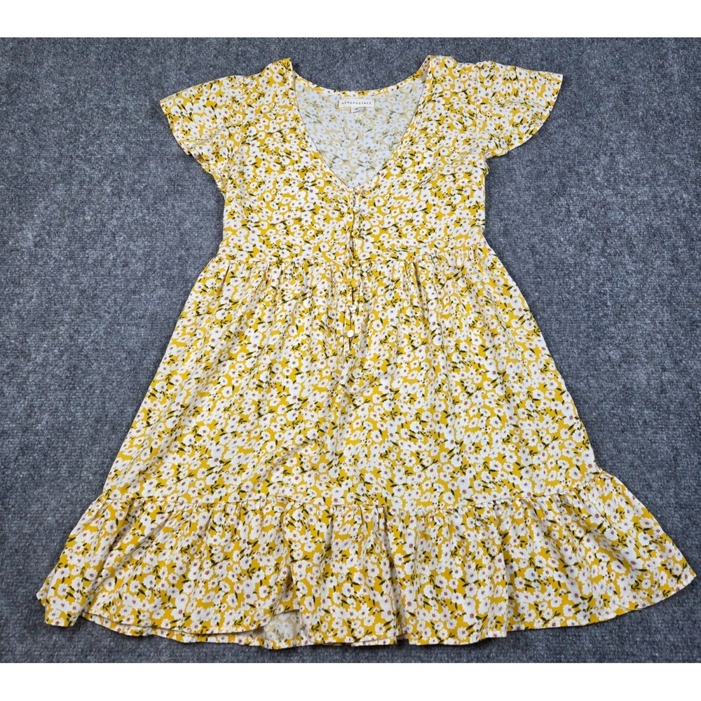 Aeropostale Dress Women Yellow Floral Button Baby Doll‎ Short Sleeve Size S